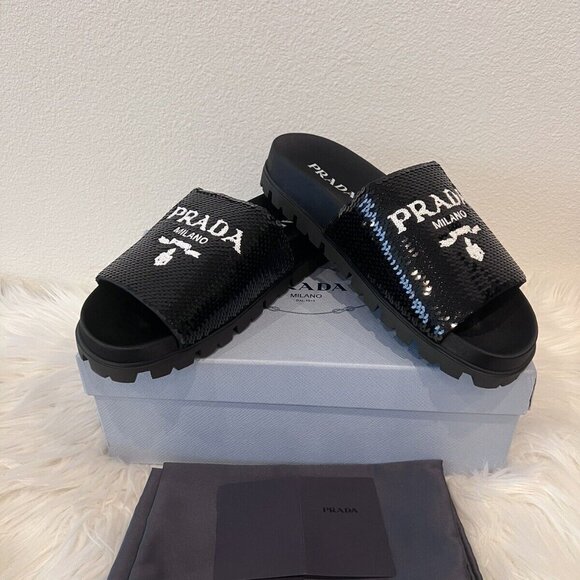 Prada Sequin Logo Paillettes Slide Monolith Plaque Lug Pool Flat 40 - Picture 5 of 10